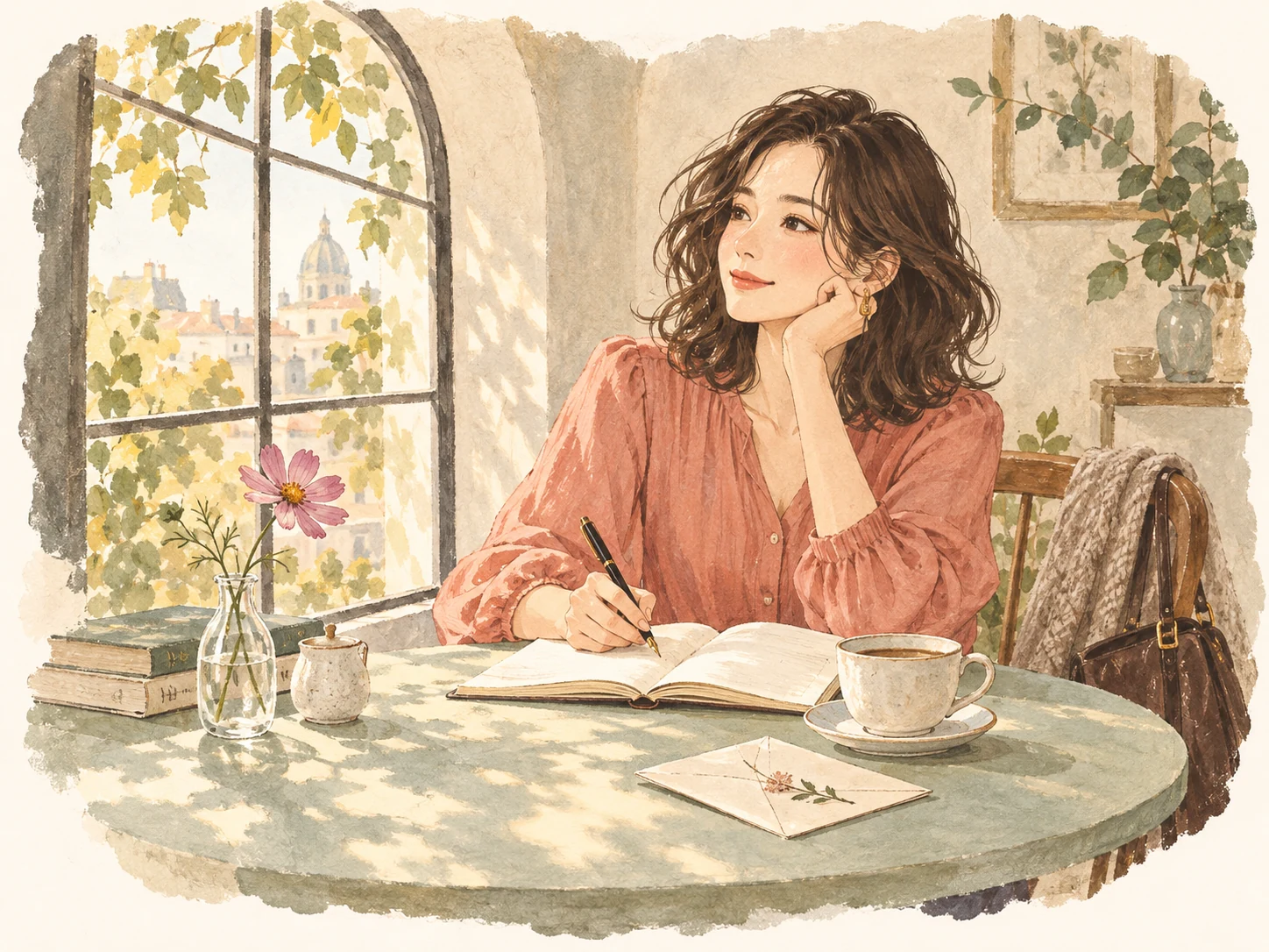 窓辺でノートに自分の気持ちを綴る女性のイラスト