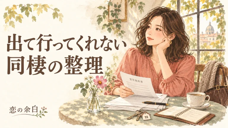 出て行ってくれない、同棲の整理の文字と、契約書と鍵を前に確認事項を書く女性の水彩イラスト。