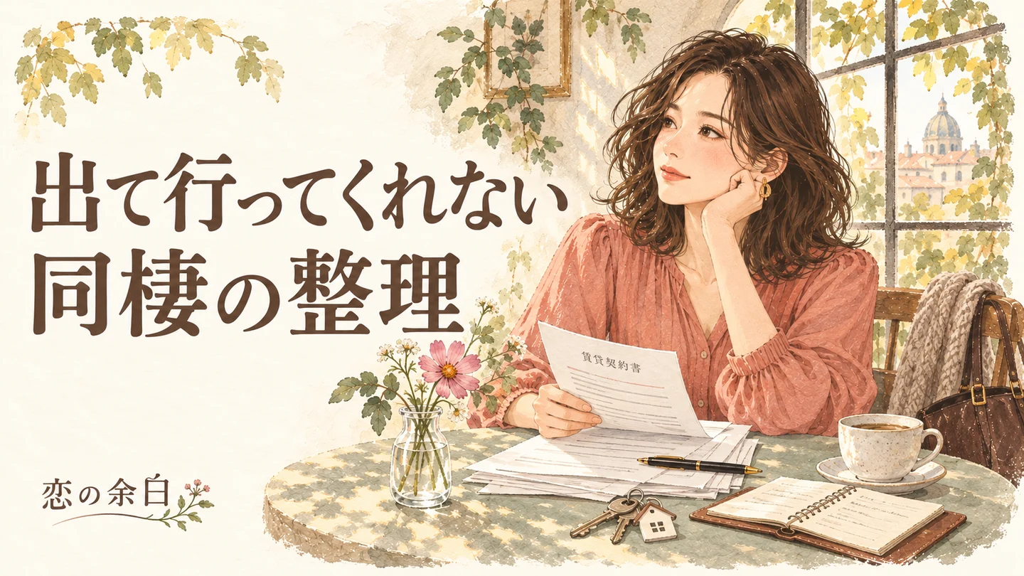 出て行ってくれない、同棲の整理の文字と、契約書と鍵を前に確認事項を書く女性の水彩イラスト。