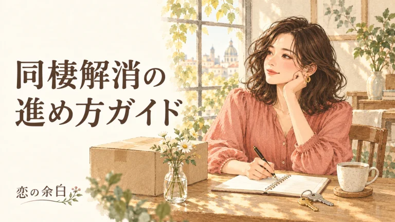 「同棲解消の 進め方ガイド」の文字と、箱と鍵を前にノートで予定を整理する女性の水彩イラスト