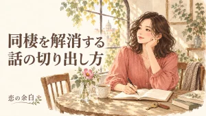 「同棲を解消する 話の切り出し方」の文字と、ノートと鍵を前に考える女性の水彩イラスト