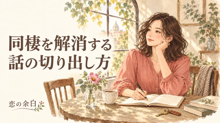 「同棲を解消する 話の切り出し方」の文字と、ノートと鍵を前に考える女性の水彩イラスト