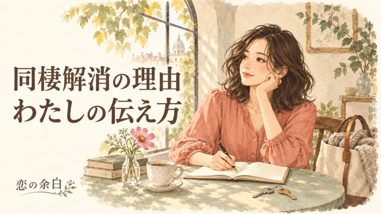 同棲解消の理由、わたしの伝え方の文字と、ノートと鍵を前に今後の生活を考える女性の水彩イラスト。