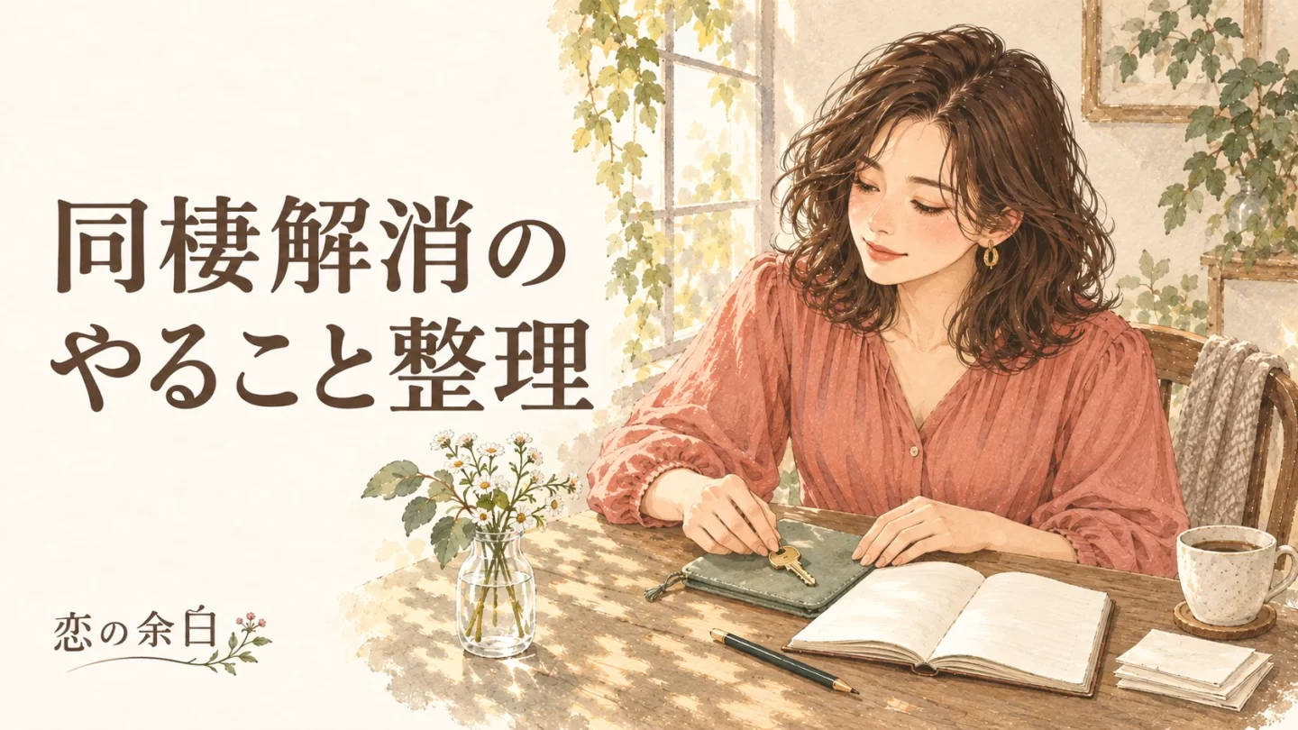 「同棲解消の やること整理」の文字と、机でノートと鍵を整理する女性の水彩イラスト