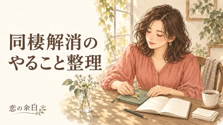 「同棲解消の やること整理」の文字と、机でノートと鍵を整理する女性の水彩イラスト