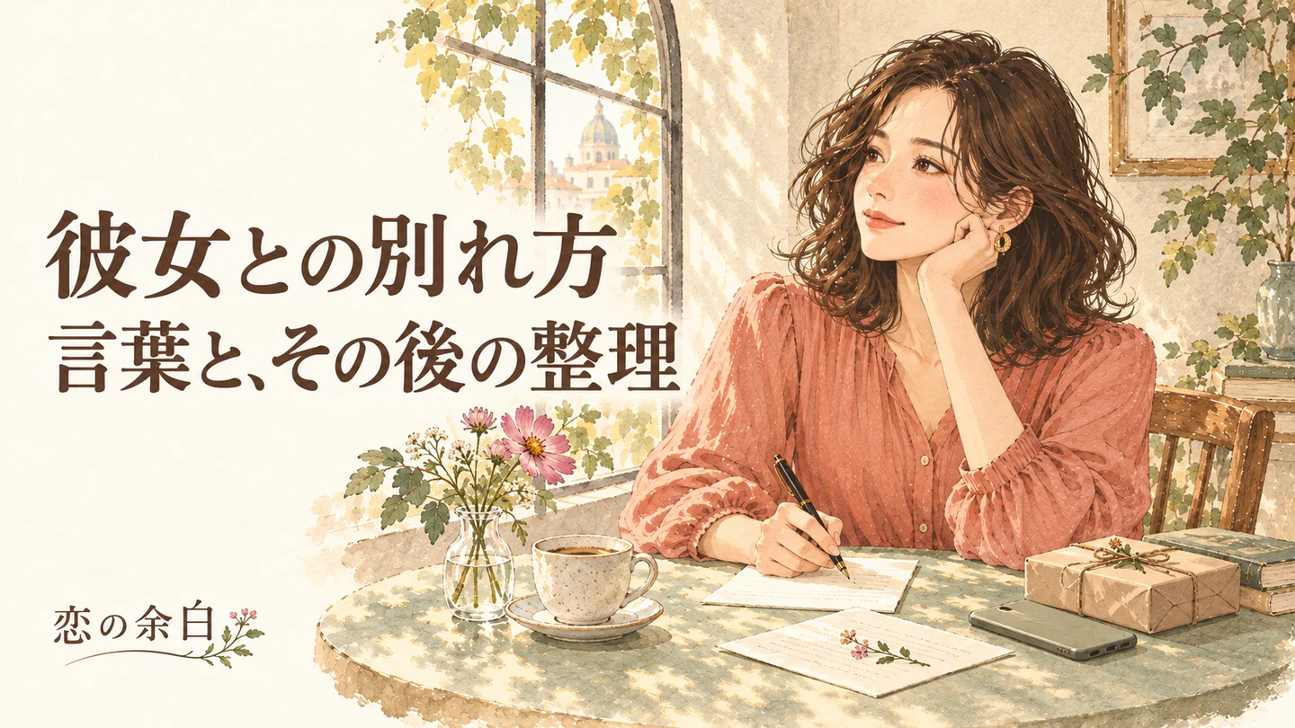 彼女との別れ方、言葉とその後の整理の文字と、ノートで関係を整理する女性の水彩イラスト。