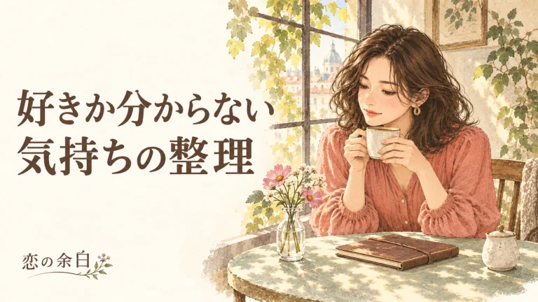 好きか分からない、気持ちの整理の文字と、窓辺でマグカップを持ち自分の気持ちを考える女性の水彩イラスト。
