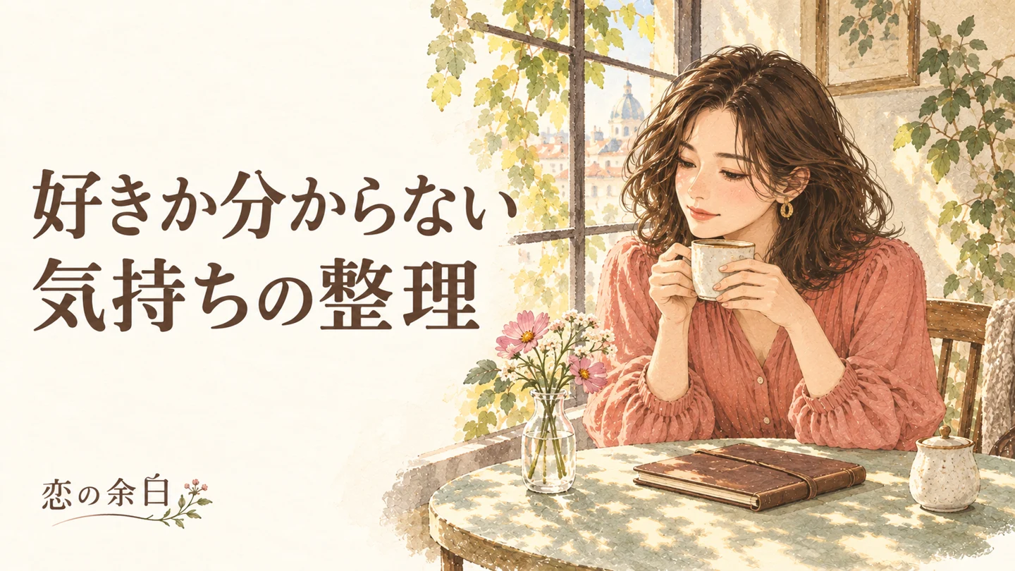 好きか分からない、気持ちの整理の文字と、窓辺でマグカップを持ち自分の気持ちを考える女性の水彩イラスト。