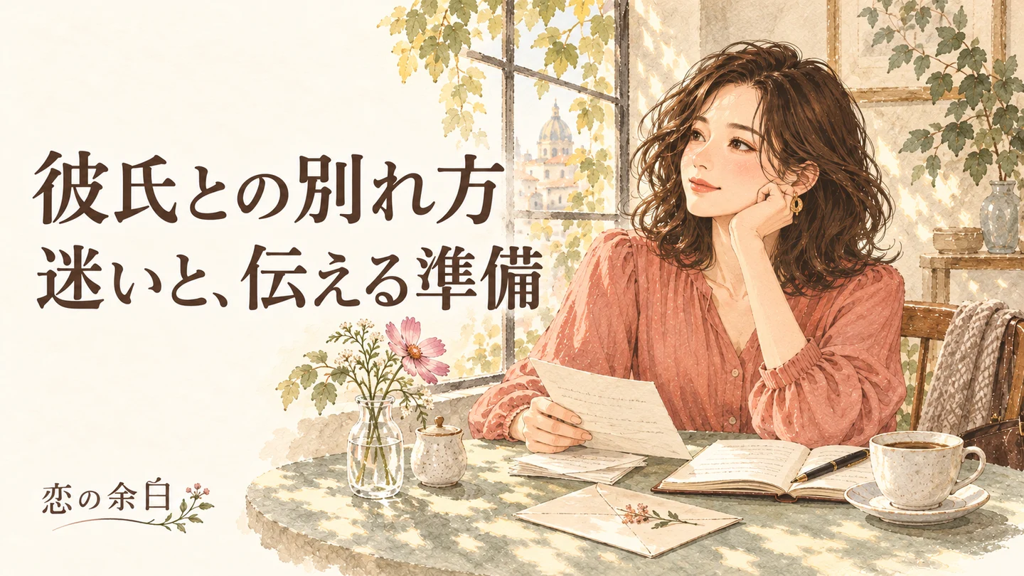 彼氏との別れ方、迷いと伝える準備の文字と、窓辺で手紙を確かめる女性の水彩イラスト。