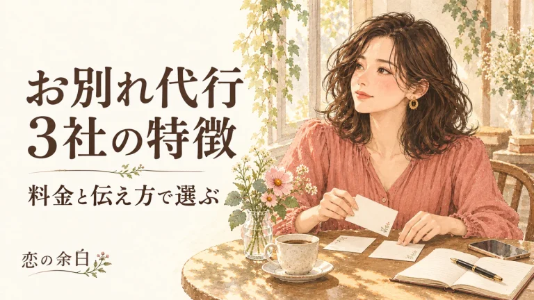 「お別れ代行 3社の特徴 料金と伝え方で選ぶ」の文字と、カフェで便箋を整理する女性の水彩イラスト