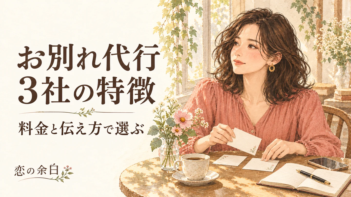 「お別れ代行 3社の特徴 料金と伝え方で選ぶ」の文字と、カフェで便箋を整理する女性の水彩イラスト