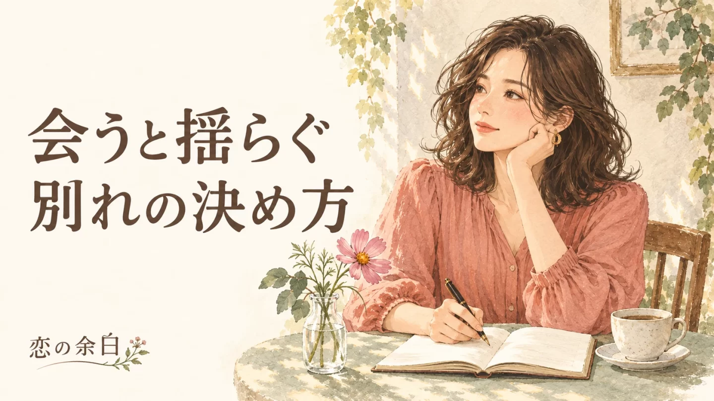 「会うと揺らぐ 別れの決め方」の文字と、ノートの前で考える女性の水彩イラスト