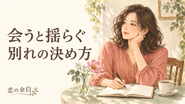 「会うと揺らぐ 別れの決め方」の文字と、ノートの前で考える女性の水彩イラスト