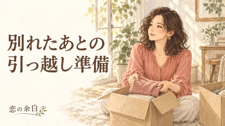 「別れたあとの 引っ越し準備」の文字と、引っ越しの箱へ服を入れる女性の水彩イラスト
