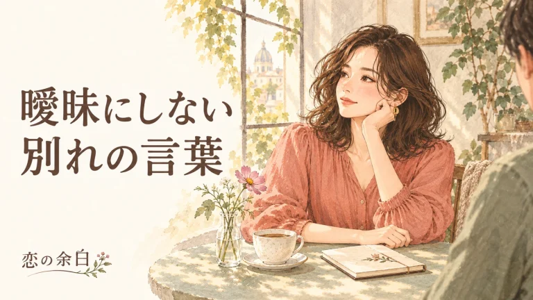 「曖昧にしない 別れの言葉」の文字と、落ち着いて会話する男女の水彩イラスト
