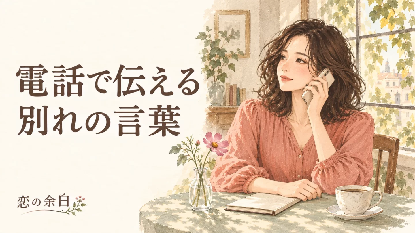 「電話で伝える 別れの言葉」の文字と、静かな部屋で電話をする女性の水彩イラスト