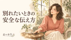 「別れたいときの 安全な伝え方」の文字と、窓辺でスマートフォンを静かに置く女性の水彩イラスト
