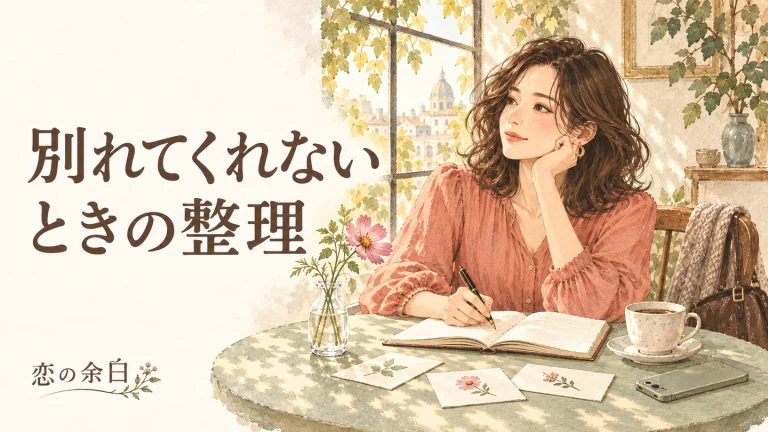 「別れてくれない ときの整理」の文字と、ノートで考えを整理する女性の水彩イラスト