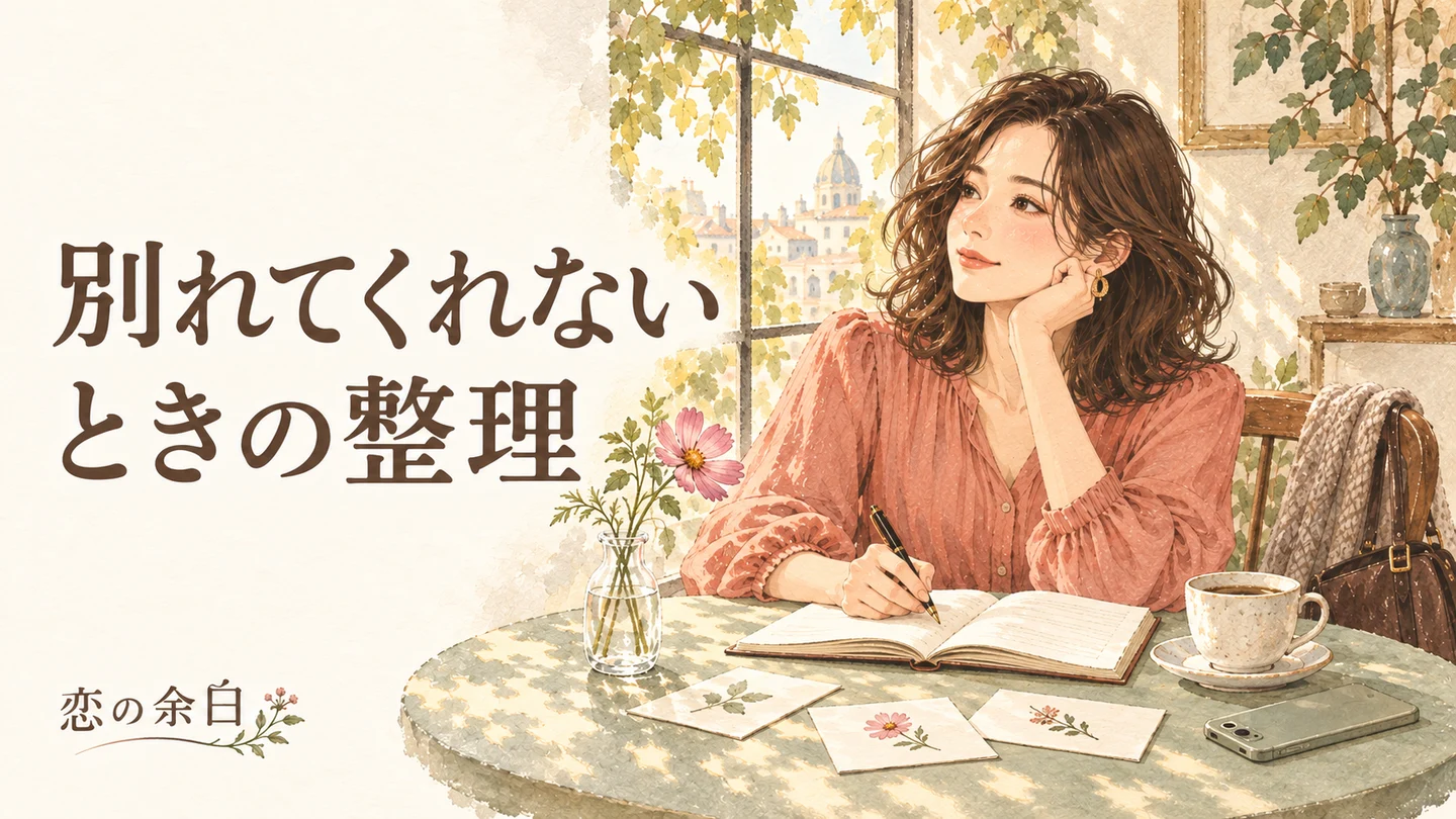 「別れてくれない ときの整理」の文字と、ノートで考えを整理する女性の水彩イラスト