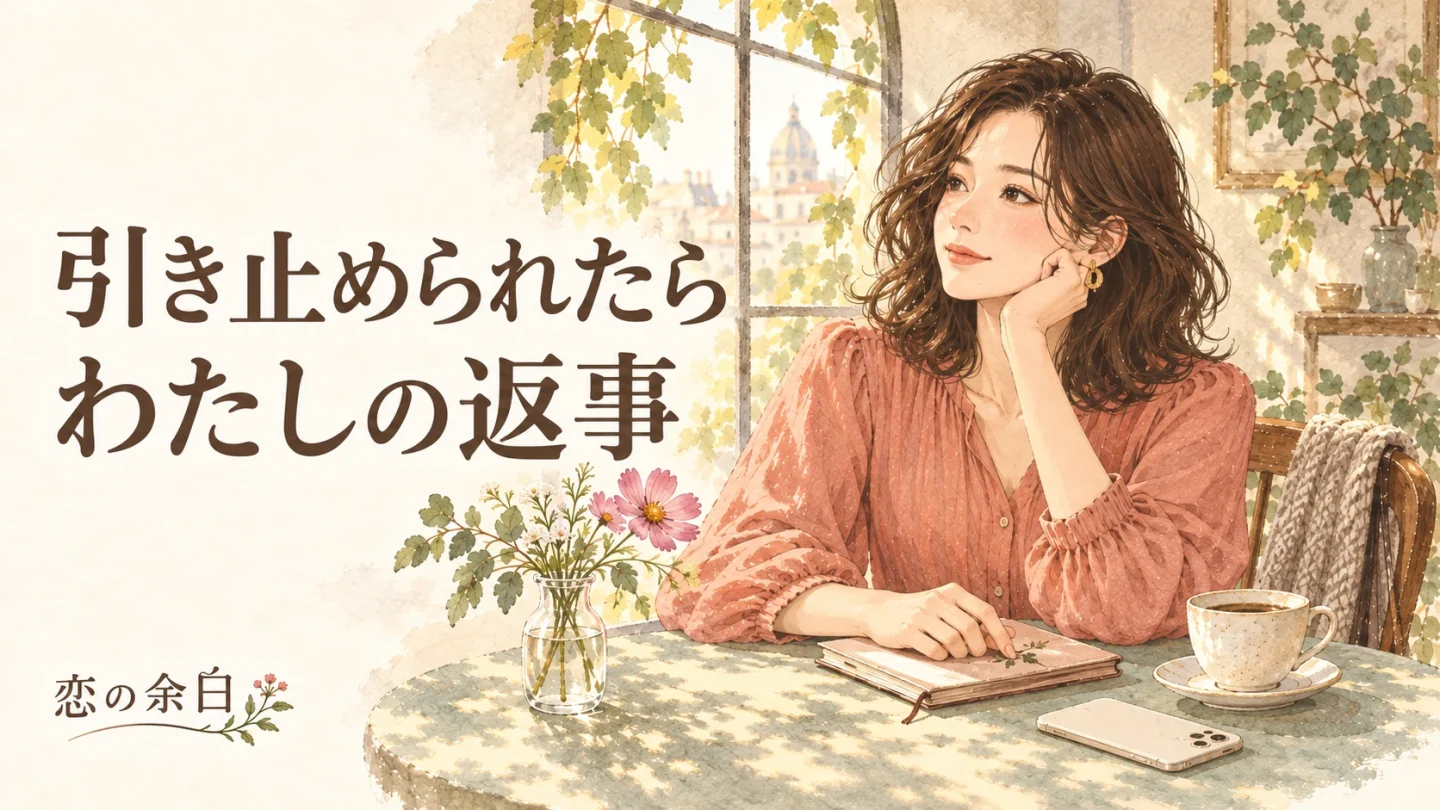 「引き止められたら わたしの返事」の文字と、カフェでノートに手を置く女性の水彩イラスト