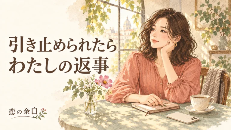 「引き止められたら わたしの返事」の文字と、カフェでノートに手を置く女性の水彩イラスト