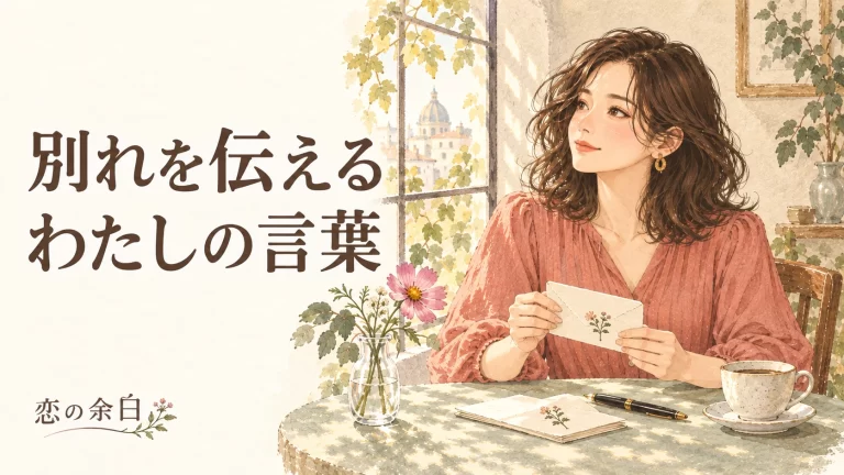 「別れを伝える わたしの言葉」の文字と、窓辺で手紙を持つ女性の水彩イラスト