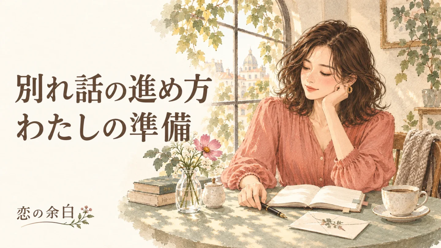 「別れ話の進め方 わたしの準備」の文字と、ノートに考えを整理する女性の水彩イラスト