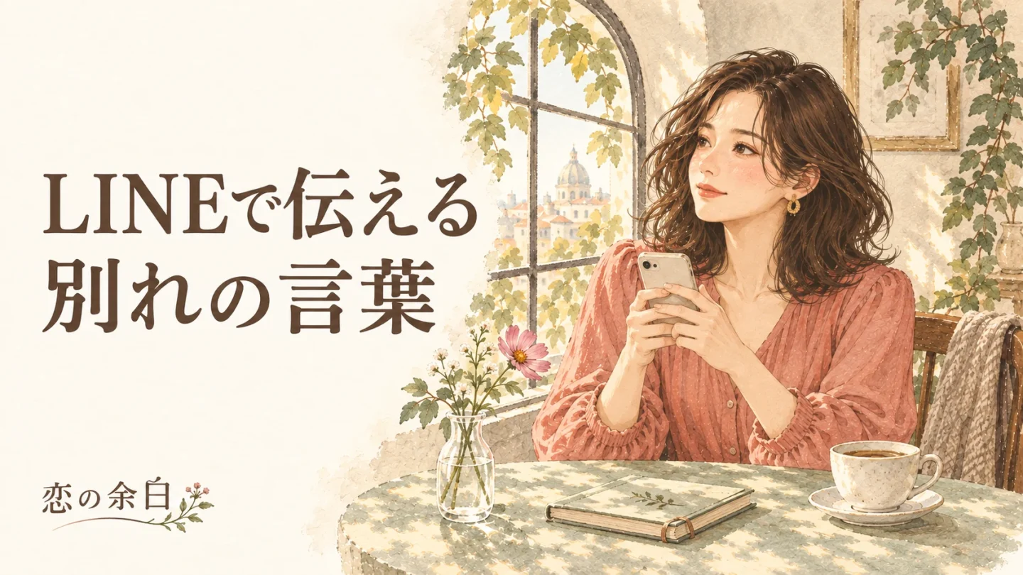 「LINEで伝える 別れの言葉」の文字と、窓辺でスマートフォンを持つ女性の水彩イラスト