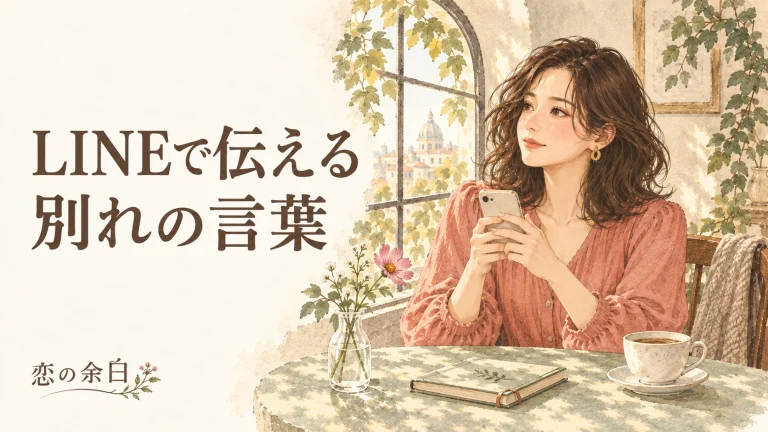 「LINEで伝える 別れの言葉」の文字と、窓辺でスマートフォンを持つ女性の水彩イラスト