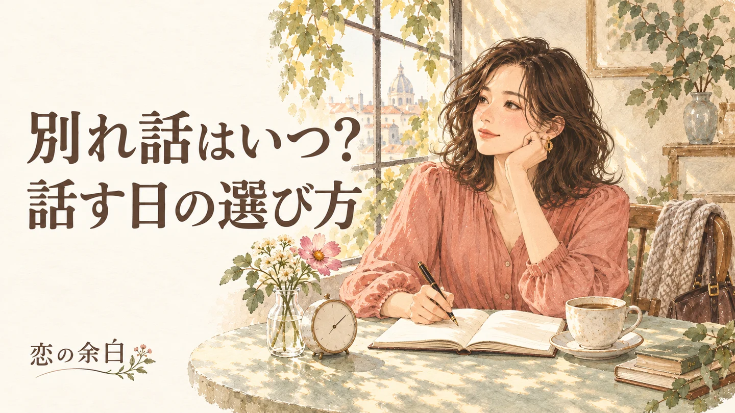 別れ話はいつ、話す日の選び方の文字と、明るいカフェで手帳と時計を確かめる女性の水彩イラスト。