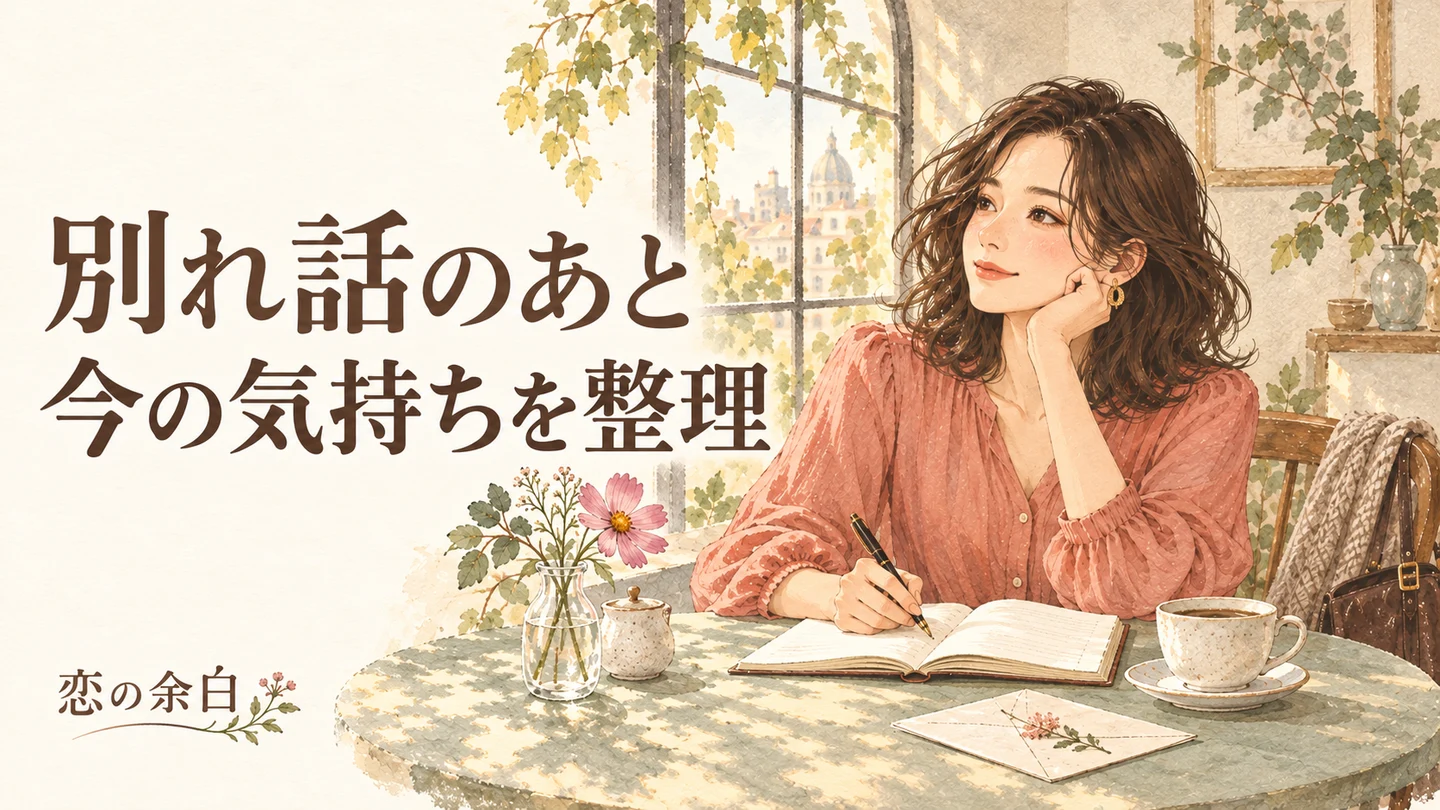 別れ話のあと、今の気持ちを整理の文字と、窓辺でノートと手紙を見直す女性の水彩イラスト。
