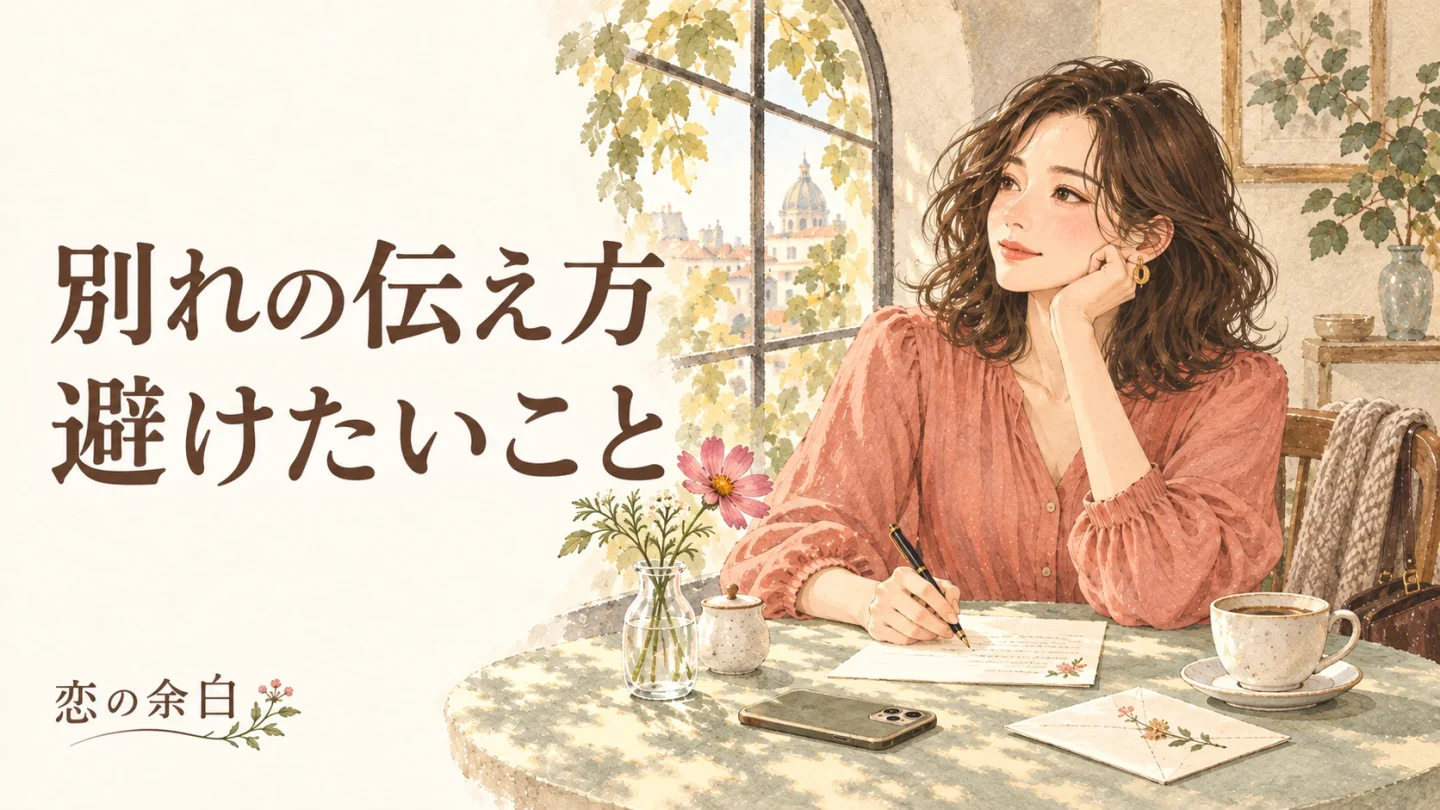 「別れの伝え方 避けたいこと」の文字と、カフェで手紙を見直す女性の水彩イラスト
