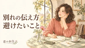 「別れの伝え方 避けたいこと」の文字と、カフェで手紙を見直す女性の水彩イラスト