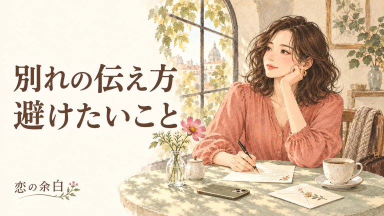 「別れの伝え方 避けたいこと」の文字と、カフェで手紙を見直す女性の水彩イラスト